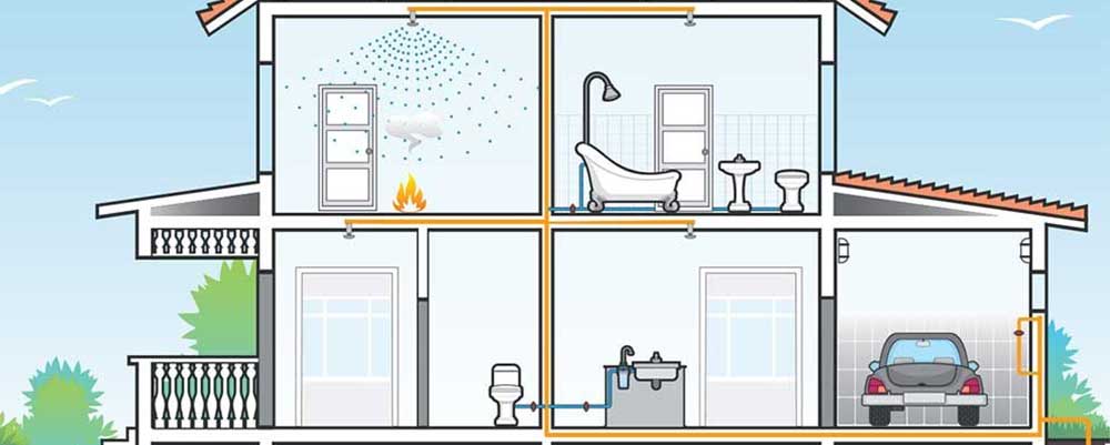 illustration of house with home fire sprinklers